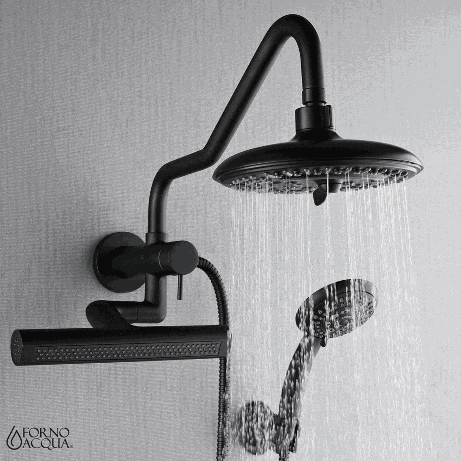 Forno Acqua AcquaFALL Mini 8 Inch Shower Head, Matte Black Finish, Overhead Rainfall Shower, Handheld Shower Head, Body Jets, 2.5 GPM Flow Rate - SMW2BK-C2
