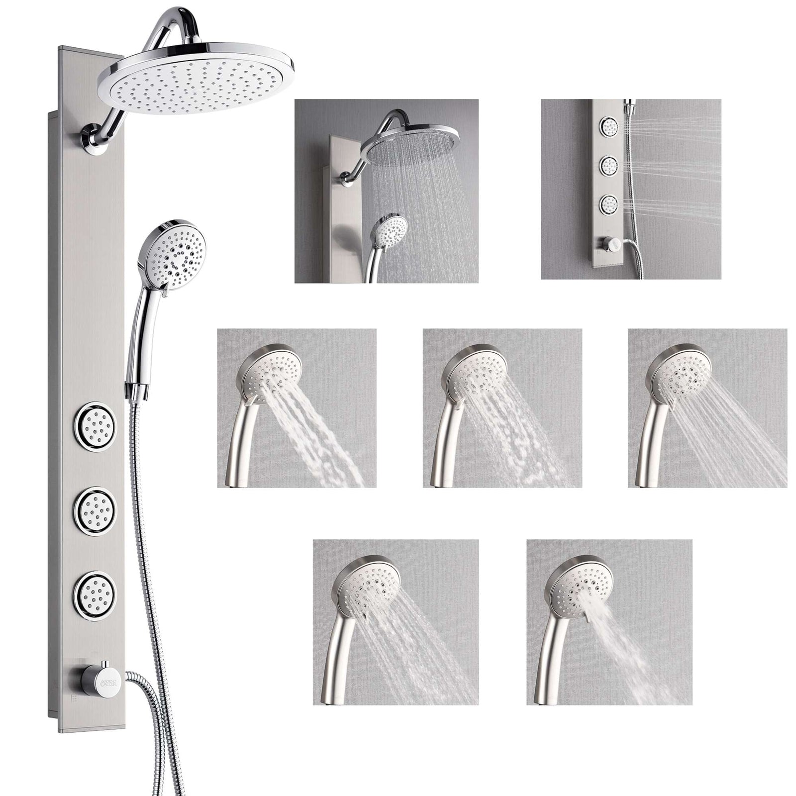 Forno Acqua AcquaSPA Shower Panel in Stainless Steel, Overhead Rainfall Shower, Handheld Shower Head, Body Jets, 6 Way Diverter, 2.5 GPM Flow Rate - SL31BC-2