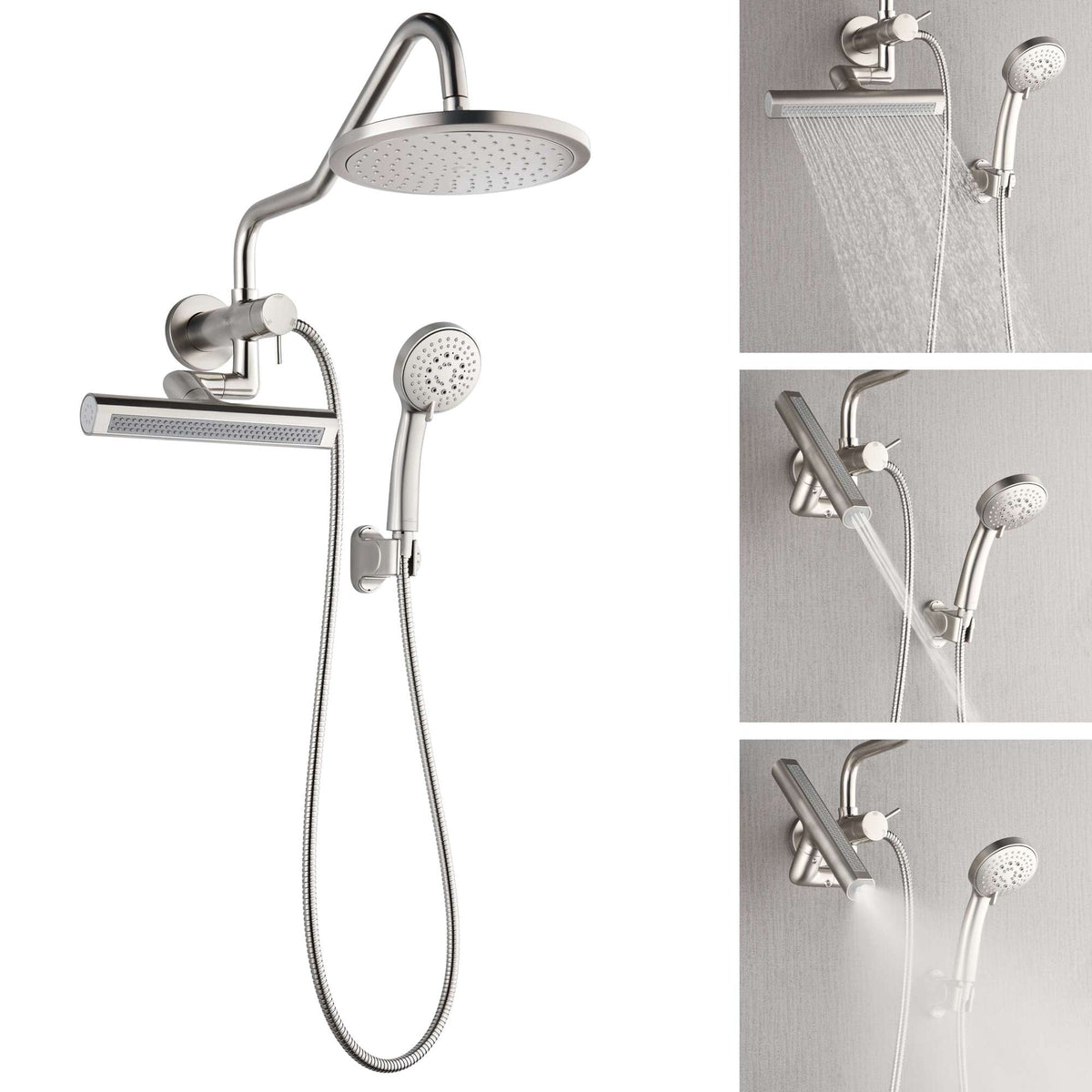 Forno Acqua AcquaFALL Mini Shower Head, Brushed Nickel Finish, Overhead Rainfall Shower, 7 Way Diverter, Handheld Shower Head, Body Jets, 2.5 GPM Flow Rate - SMW1BN-C2