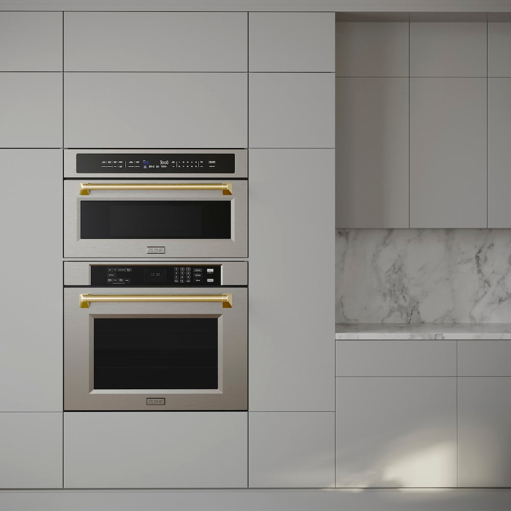 ZLINE Autograph Edition Professional 30-inch wall oven in stainless steel and polished gold accents WASZ-30-G, front view
