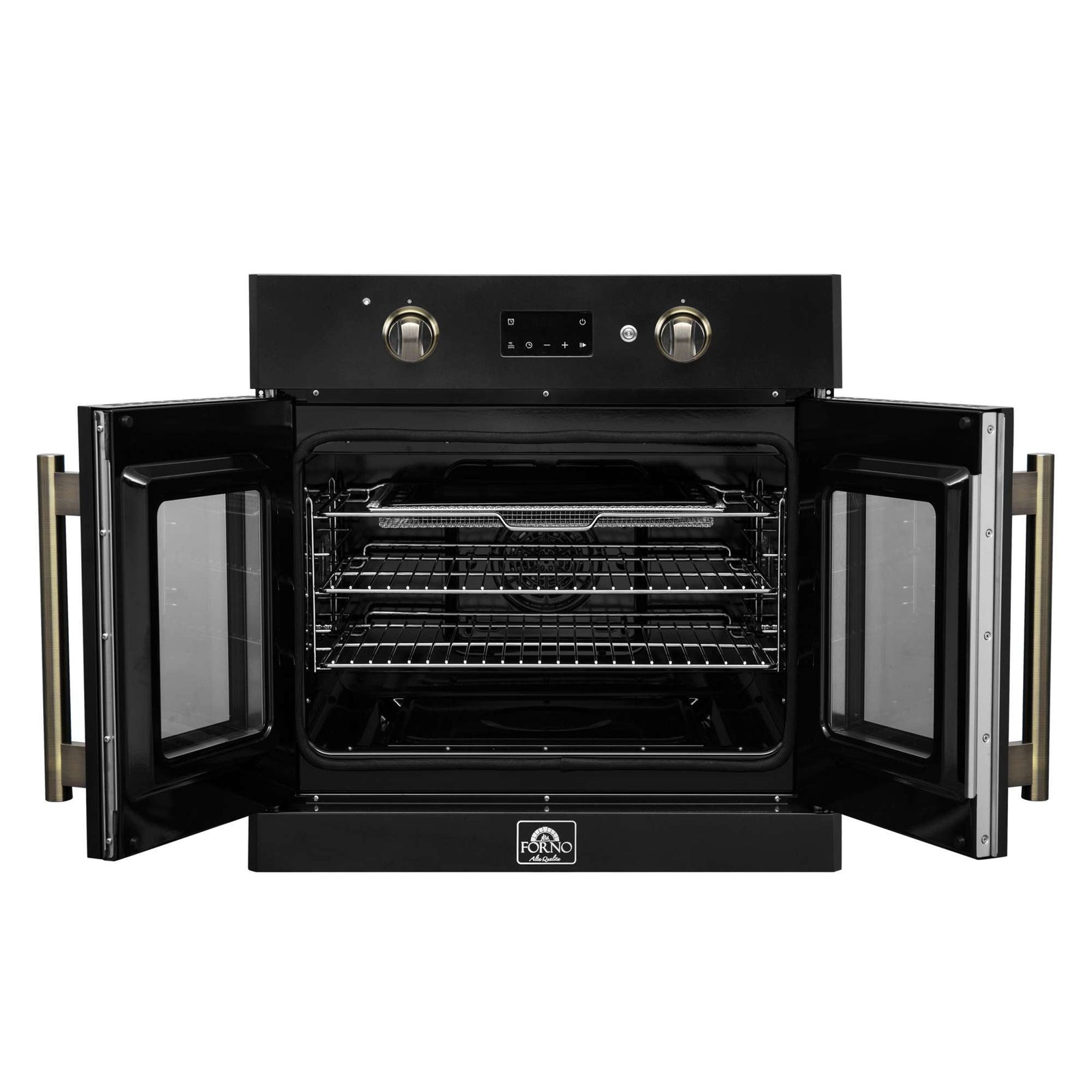 Forno Asti 30-Inch French Door Electric Wall Oven in Black & Antique Brass, 3.68 cu. ft. True Convection, 3,600W, Air Fry, Sous Vide, Self-Clean - FBOEL1333-30BLK
