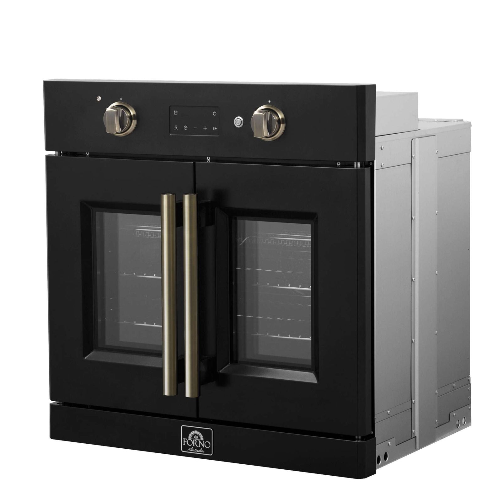 Forno Asti 30-Inch French Door Electric Wall Oven in Black & Antique Brass, 3.68 cu. ft. True Convection, 3,600W, Air Fry, Sous Vide, Self-Clean - FBOEL1333-30BLK