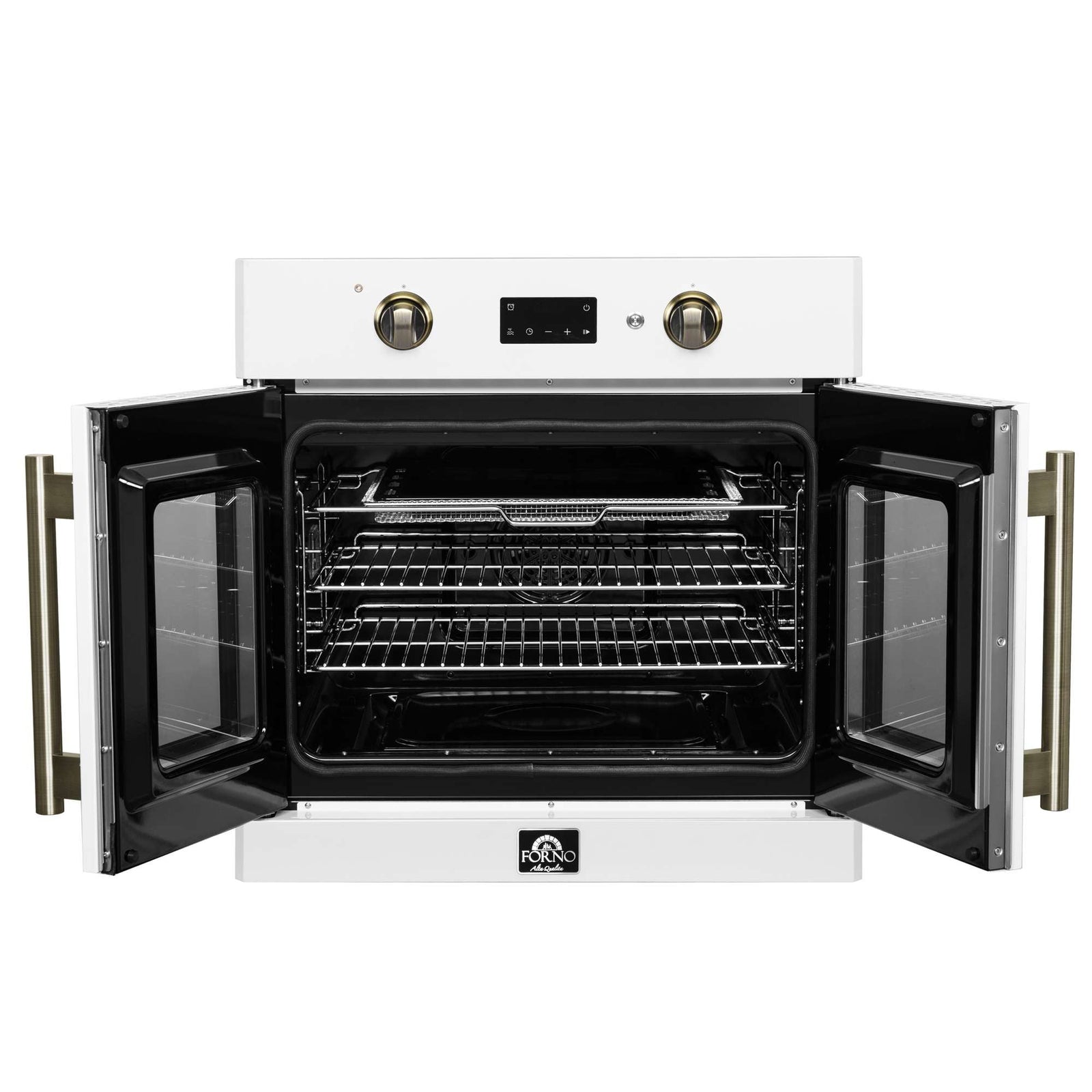Forno Asti 30-Inch French Door Electric Wall Oven in White & Antique Brass, 3.68 cu. ft. True Convection, 3,600W, Air Fry, Sous Vide, Self-Clean - FBOEL1333-30WHT