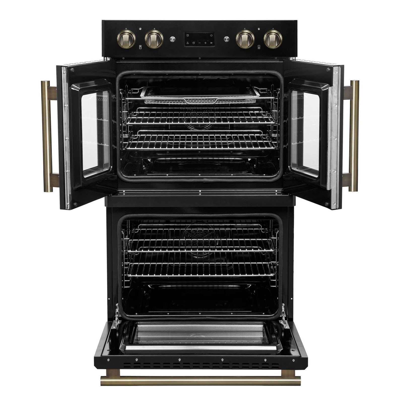 Forno Asti 30-Inch Double Electric Wall Oven with Upper French Doors in Black & Antique Brass, 7.36 cu. ft. Dual True Convection, 7,200W, Air Fry, Sous Vide, Self-Clean - FBOEL1340-30BLK