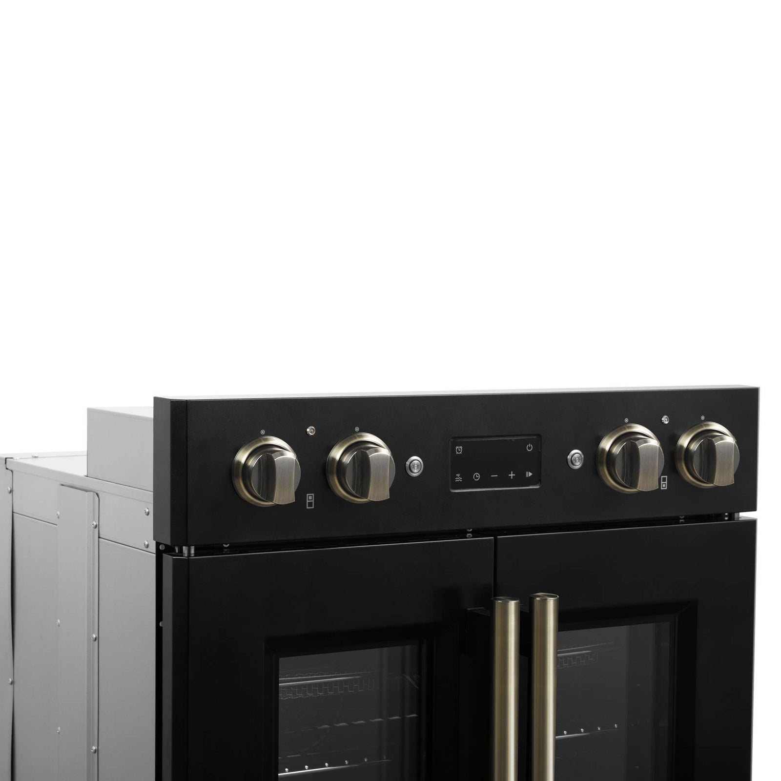 Forno Asti 30-Inch Double Electric Wall Oven with Upper French Doors in Black & Antique Brass, 7.36 cu. ft. Dual True Convection, 7,200W, Air Fry, Sous Vide, Self-Clean - FBOEL1340-30BLK