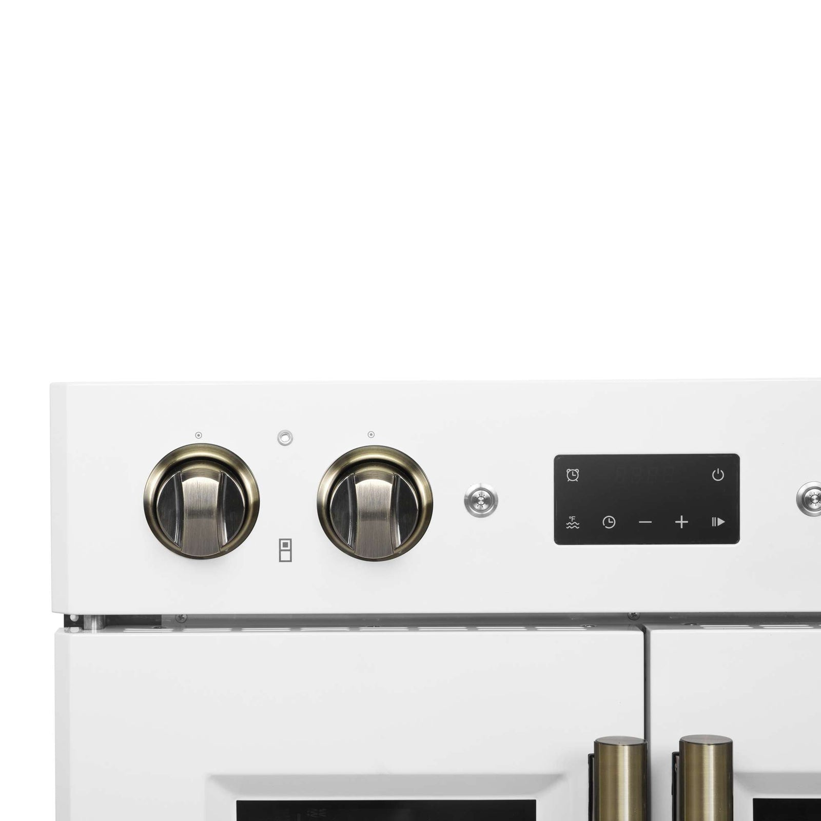 Forno Asti 30-Inch Double Electric Wall Oven with Upper French Doors in White & Antique Brass, 7.36 cu. ft. Dual True Convection, 7,200W, Air Fry, Sous Vide, Self-Clean - FBOEL1340-30WHT