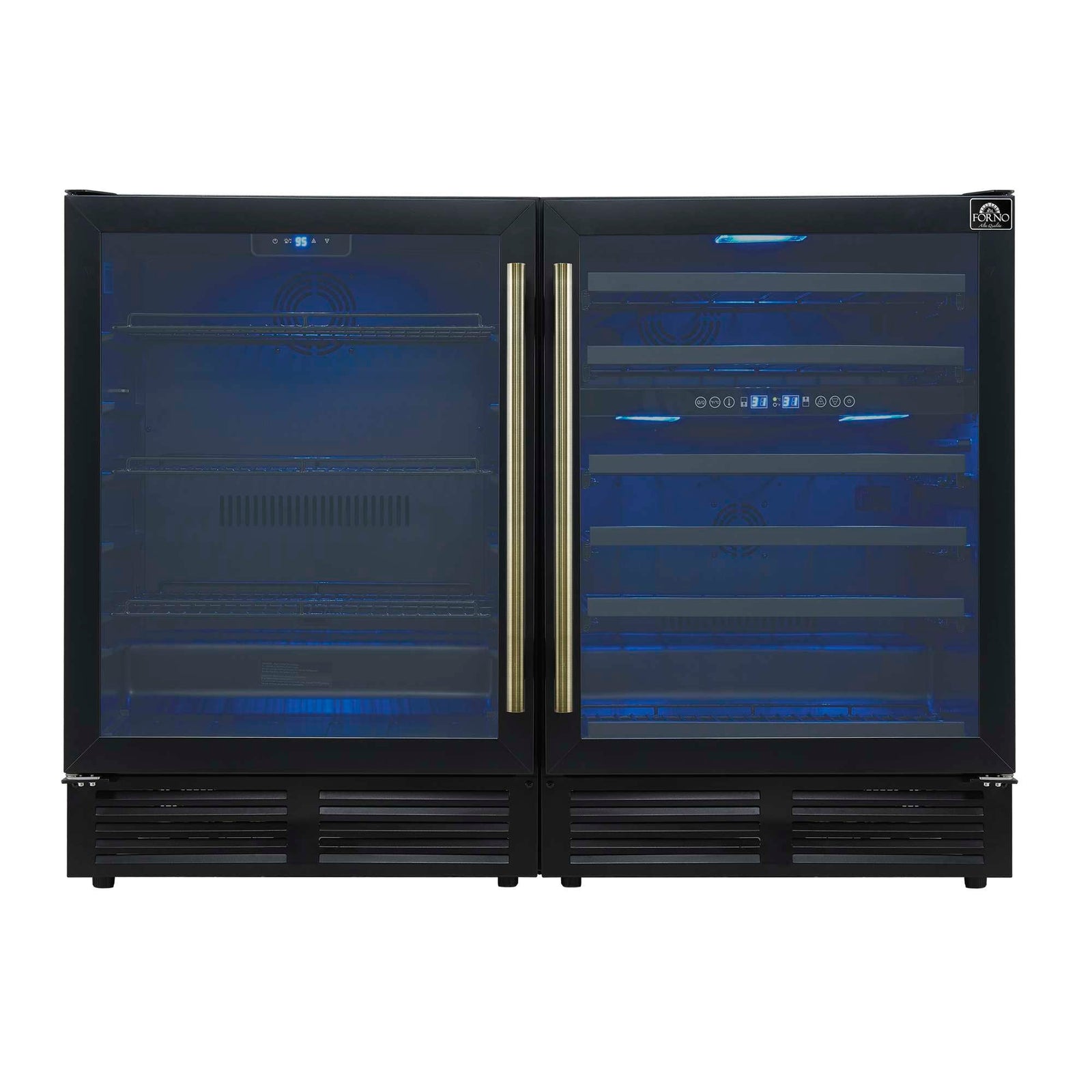 Forno Gemello 48 Inch Side-by-Side Wine and Beverage Cooler in Black with Antique Brass Handles, French Door, 9.6 cu. ft. - FWCDR6699-48BLK