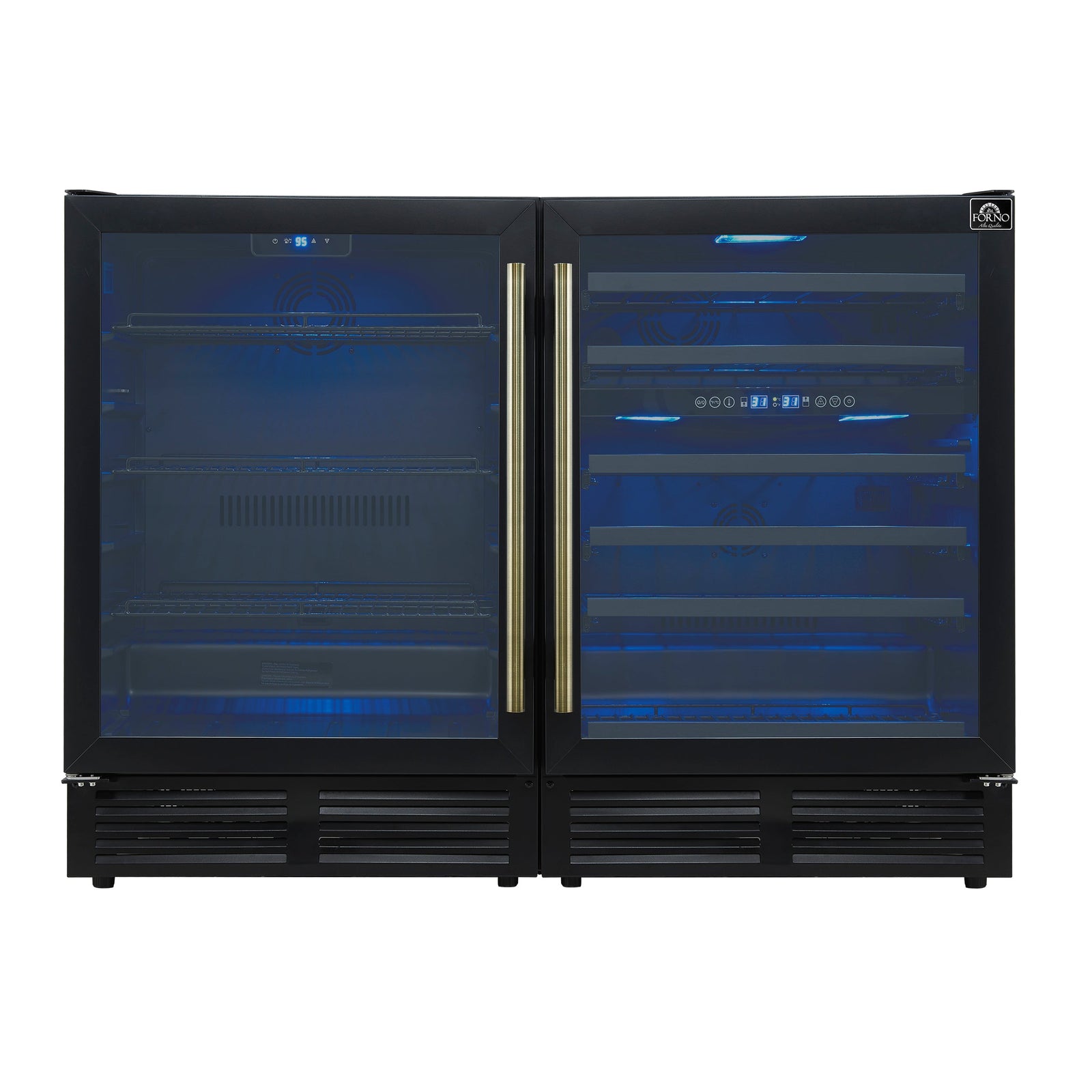 Forno Gemello 48 Inch Side-by-Side Wine and Beverage Cooler in Black with Antique Brass Handles, French Door, 9.6 cu. ft. - FWCDR6699-48BLK