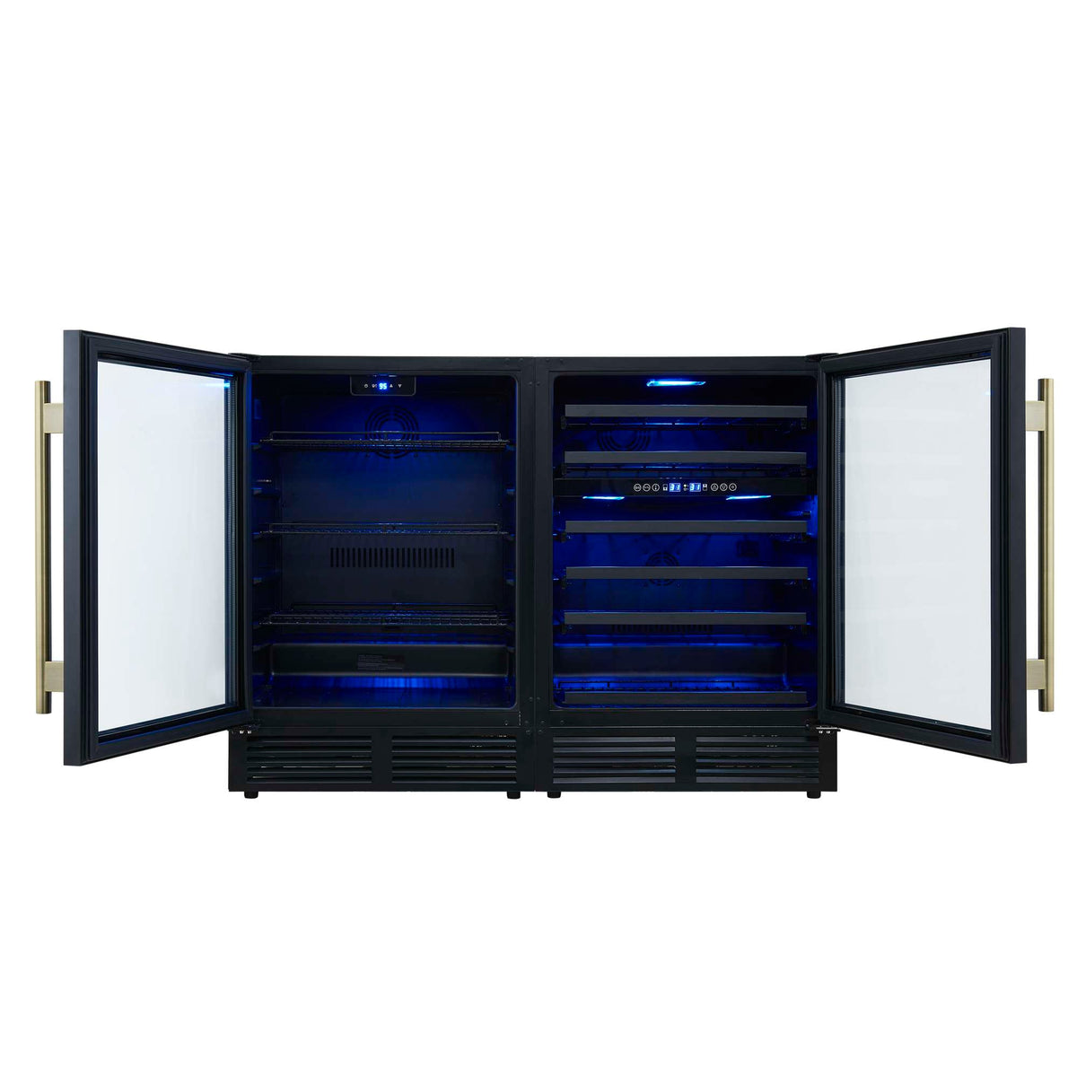 Forno Gemello 48 Inch Side-by-Side Wine and Beverage Cooler in Black with Antique Brass Handles, French Door, 9.6 cu. ft. - FWCDR6699-48BLK