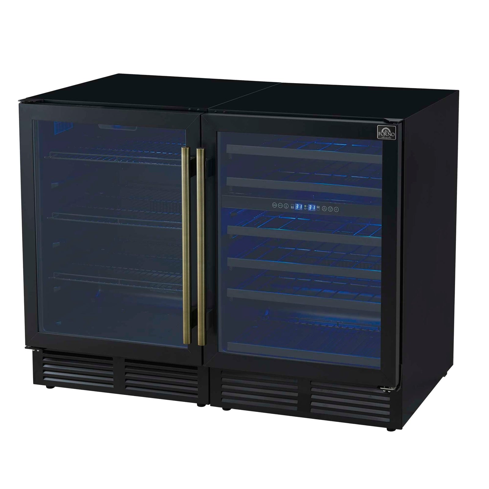 Forno Gemello 48 Inch Side-by-Side Wine and Beverage Cooler in Black with Antique Brass Handles, French Door, 9.6 cu. ft. - FWCDR6699-48BLK