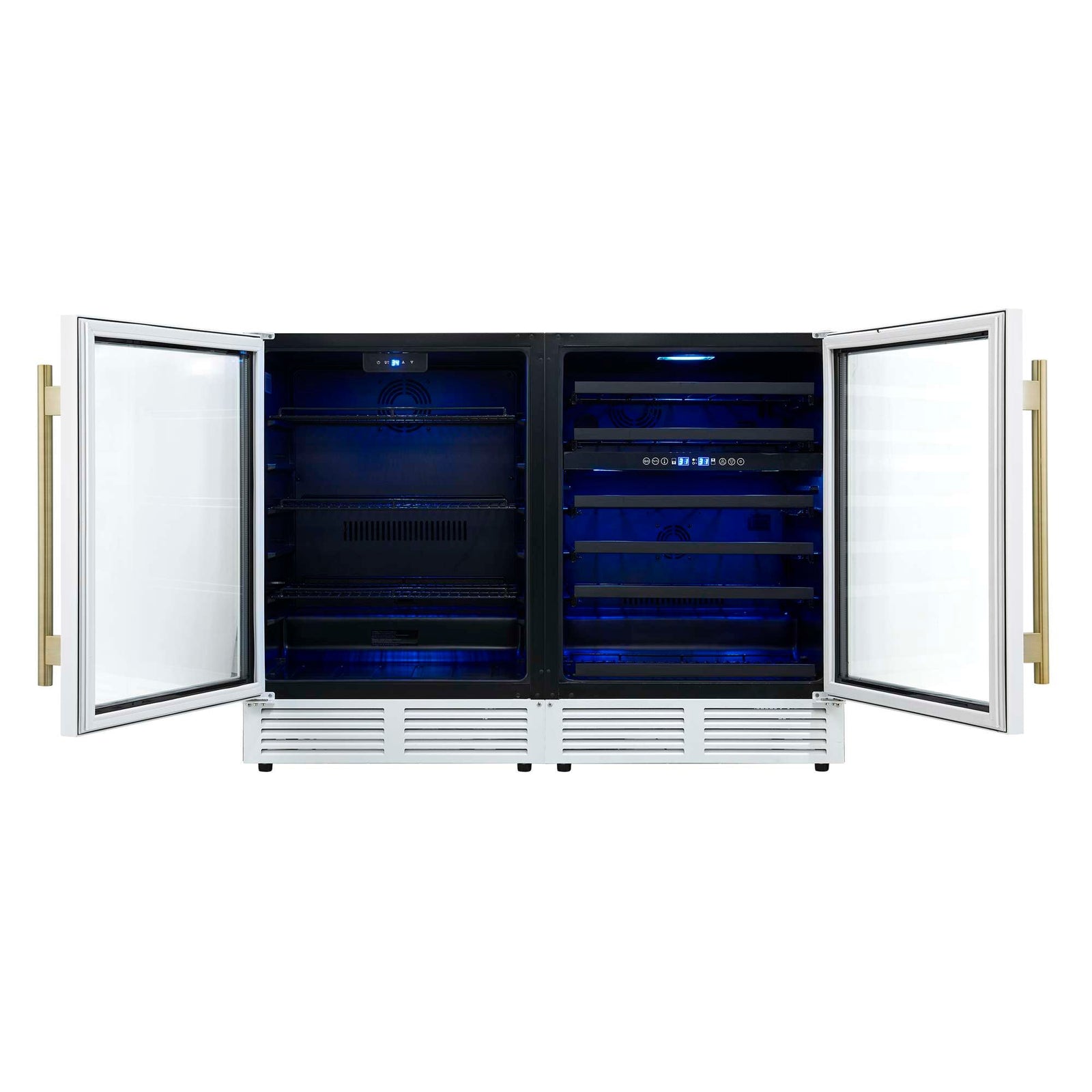 Forno Gemello 48 Inch Side-by-Side Wine and Beverage Cooler in White with Antique Brass Handles, French Door, 9.6 cu. ft. - FWCDR6699-48WHT