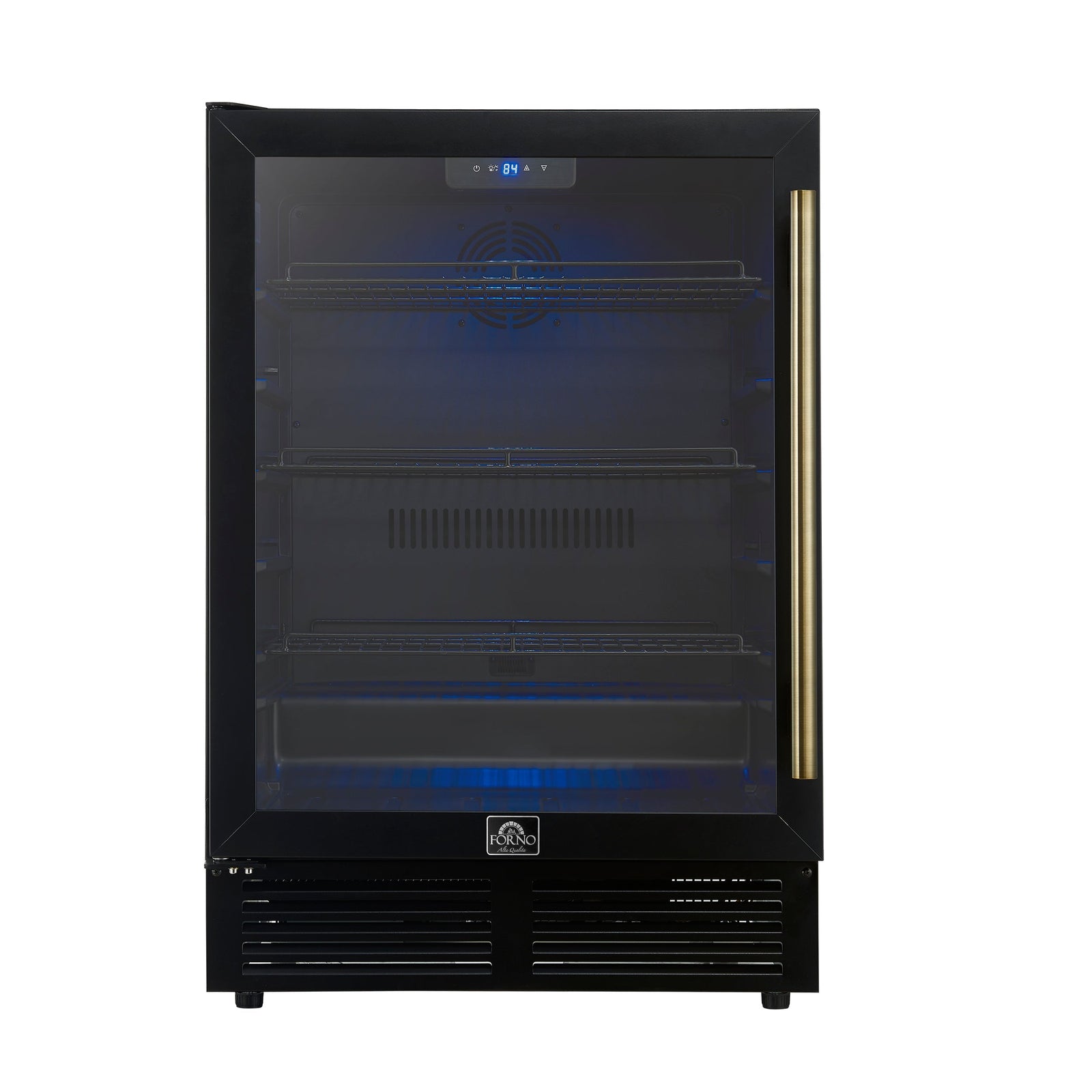Forno Frescolino 24 Inch Beverage Cooler, Black with Antique Brass Handles, with LED Lighting, Triple Glass Door, 188 Can Capacity, Built-In or Freestanding - FWCDR6665-24BLK