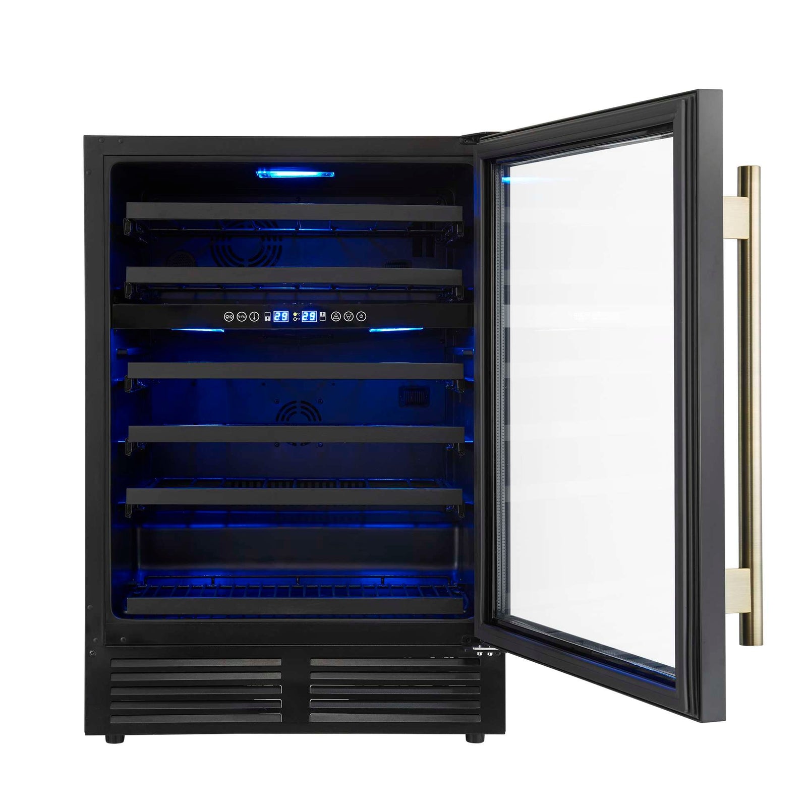 Forno Bacchino 24 Inch Wine Cooler, Black with Antique Brass Handles, with LED Lighting, Triple Glass Door, 51 Bottle Capacity, Built-In or Freestanding - FWCDR6634-24BLK
