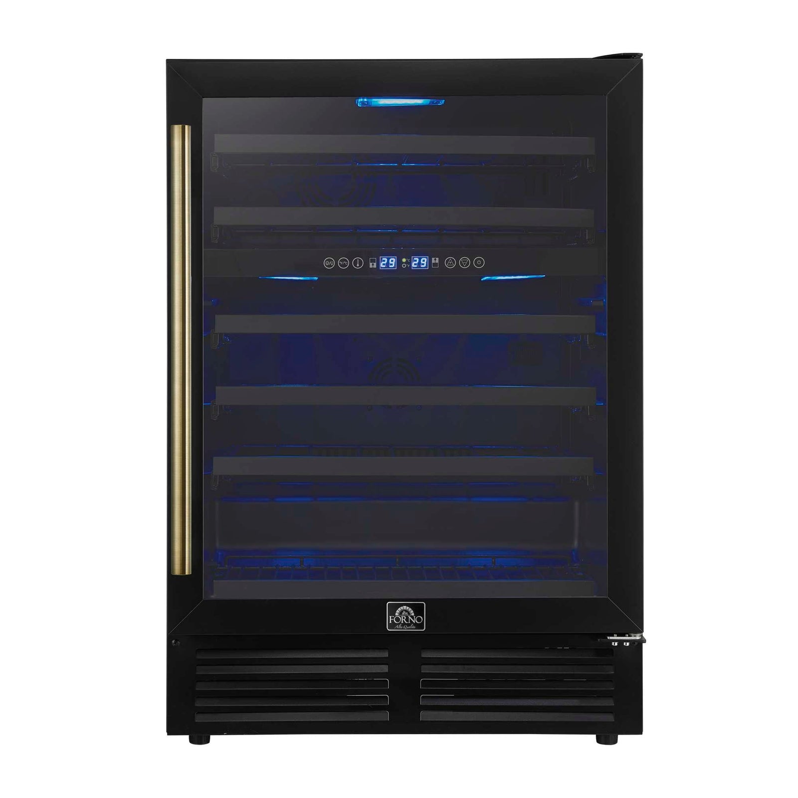 Forno Bacchino 24 Inch Wine Cooler, Black with Antique Brass Handles, with LED Lighting, Triple Glass Door, 51 Bottle Capacity, Built-In or Freestanding - FWCDR6634-24BLK