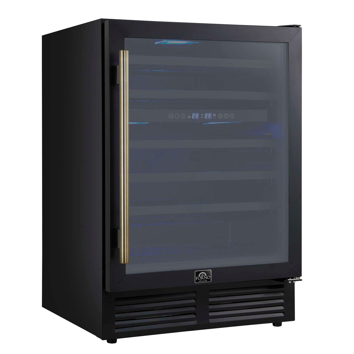 Forno Bacchino 24 Inch Wine Cooler, Black with Antique Brass Handles, with LED Lighting, Triple Glass Door, 51 Bottle Capacity, Built-In or Freestanding - FWCDR6634-24BLK