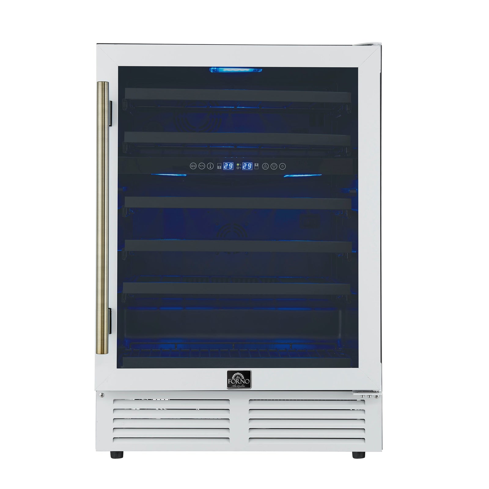 Forno Bacchino 24 Inch Wine Cooler, White with Antique Brass Handles, with LED Lighting, Triple Glass Door, 51 Bottle Capacity, Built-In or Freestanding - FWCDR6634-24WHT