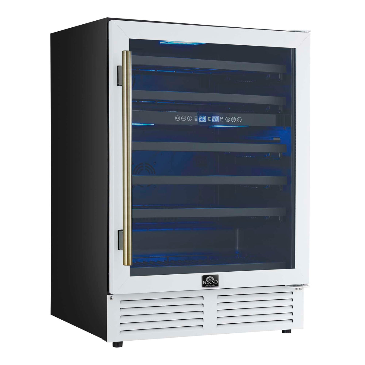 Forno Bacchino 24 Inch Wine Cooler, White with Antique Brass Handles, with LED Lighting, Triple Glass Door, 51 Bottle Capacity, Built-In or Freestanding - FWCDR6634-24WHT