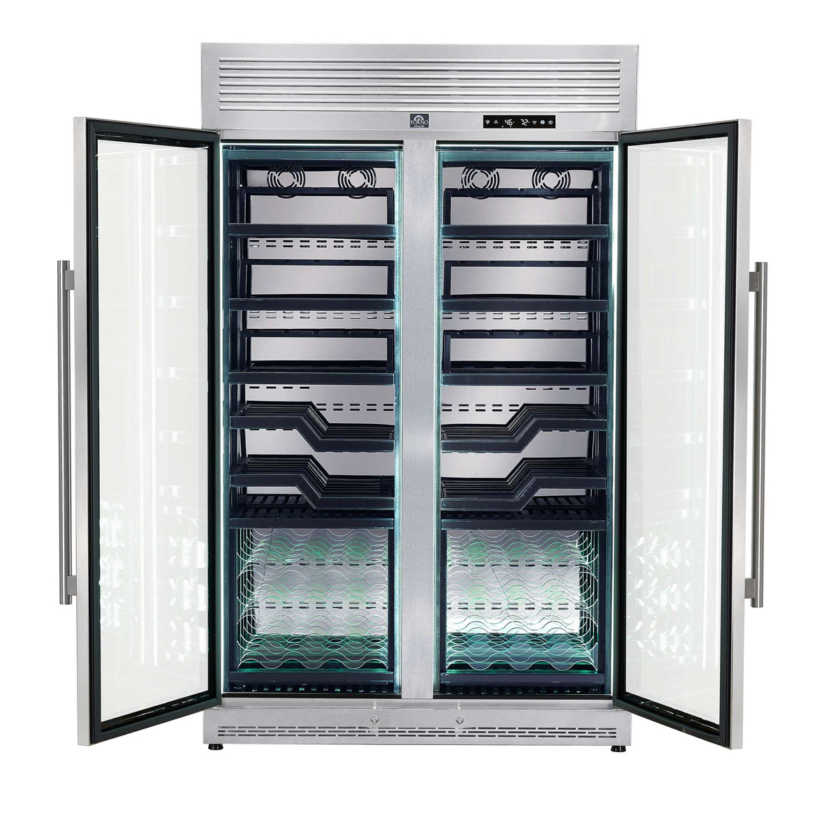 Forno Abruzzo 48-Inch Dual Zones Wine Cellar, 102 Bottles, 24 cu. ft., Green Acrylic Holders & Black Shelves - FWCDR6610-48S