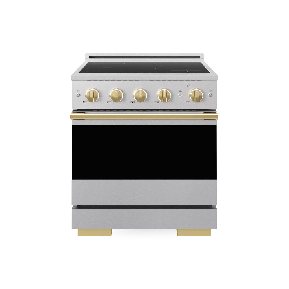 ZLINE Autograph Edition Marino 30-inch range in satin stainless steel and polished gold accents MINRSZ-30-G