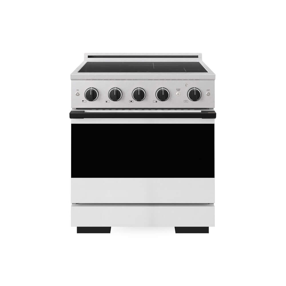 ZLINE Autograph Edition Marino 30-inch range in satin stainless steel with white matte door and matte black accents MINRSZ-WM-30-MB