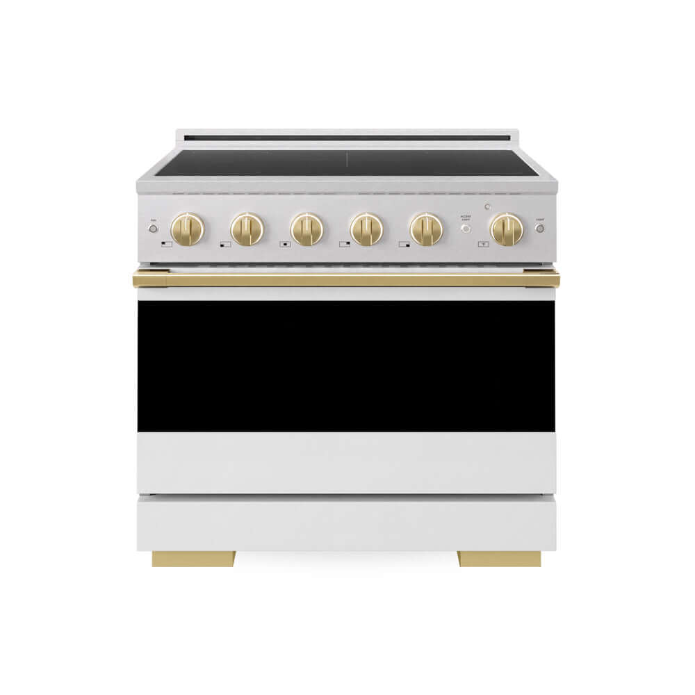 ZLINE Autograph Edition Marino 36-inch range in satin stainless steel with white matte door and polished gold accents MINRSZ-WM-36-G