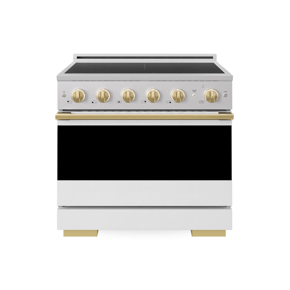 ZLINE Autograph Edition Marino 36-inch range in stainless steel with white matte door and polished gold accents MINRZ-WM-36-G
