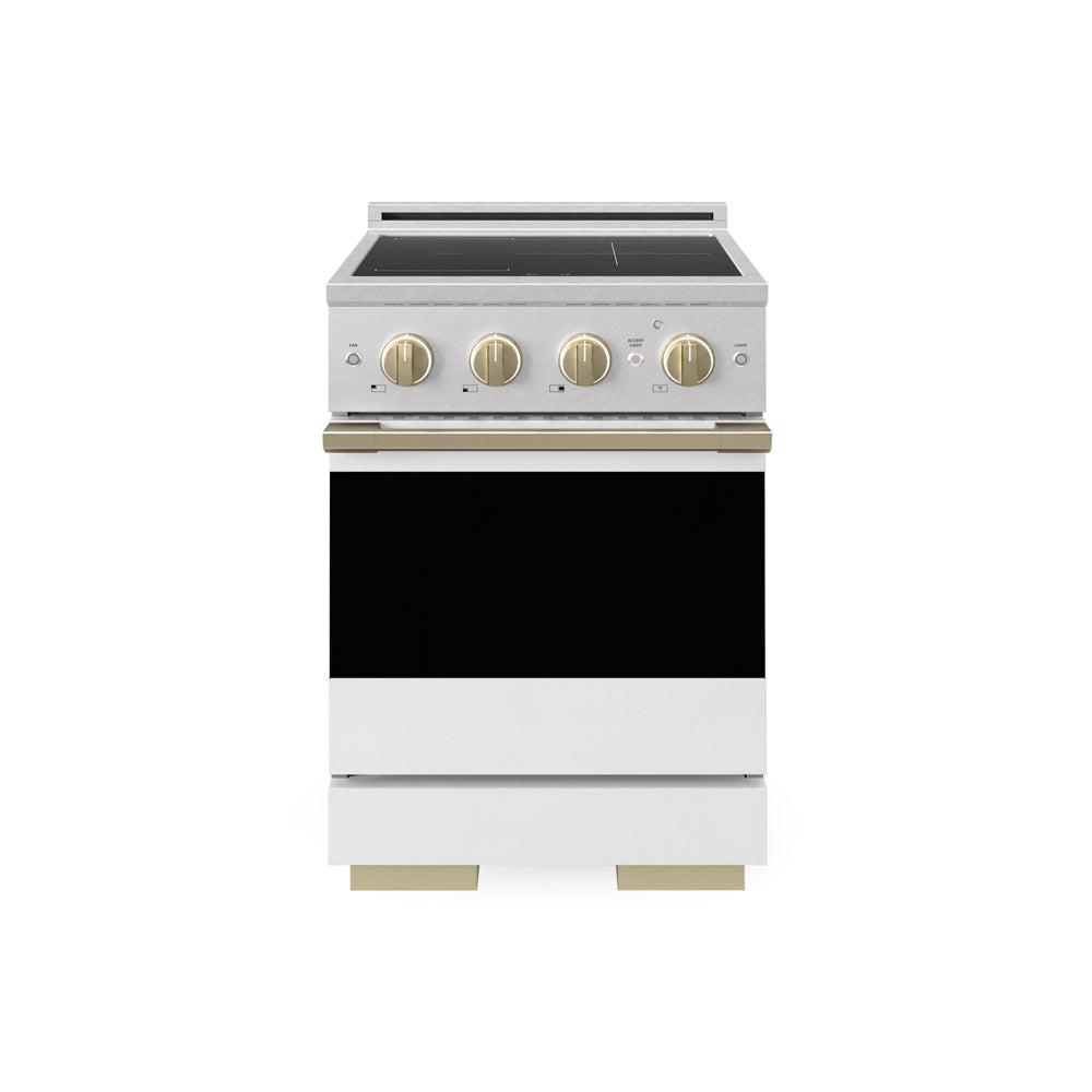 ZLINE Autograph Edition Marino 24-inch range in satin stainless steel with white matte door and champagne bronze accents MINRSZ-WM-24-CB