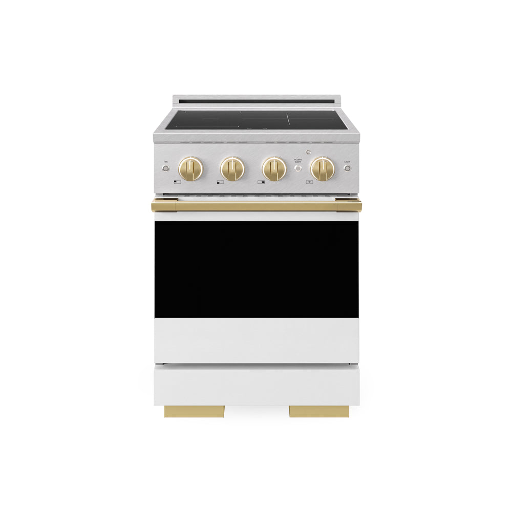 ZLINE Autograph Edition Marino 24-inch range in satin stainless steel with white matte door and polished gold accents MINRSZ-WM-24-G
