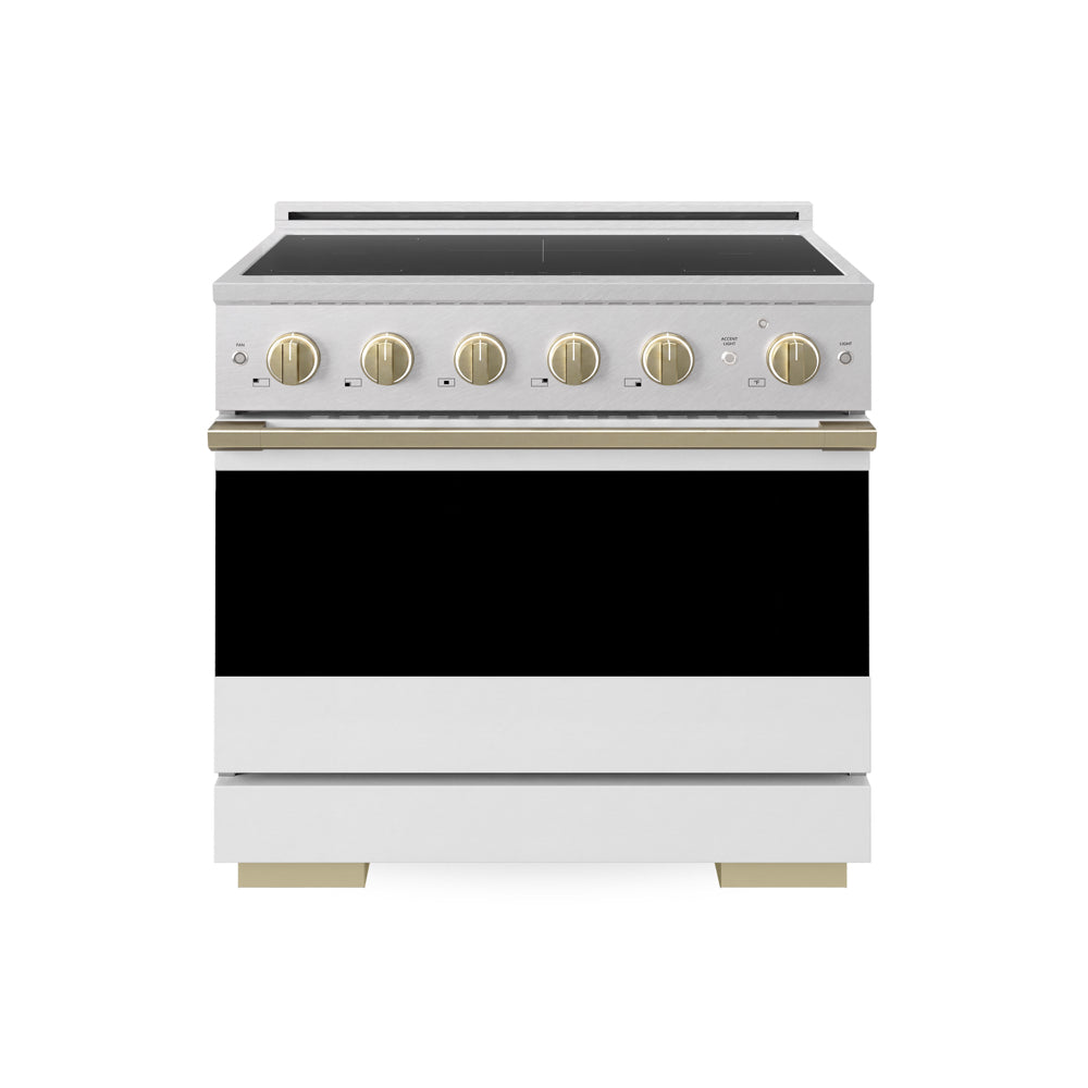 ZLINE Autograph Edition Marino 36-inch range in satin stainless steel with white matte door and champagne bronze accents MINRSZ-WM-36-CB