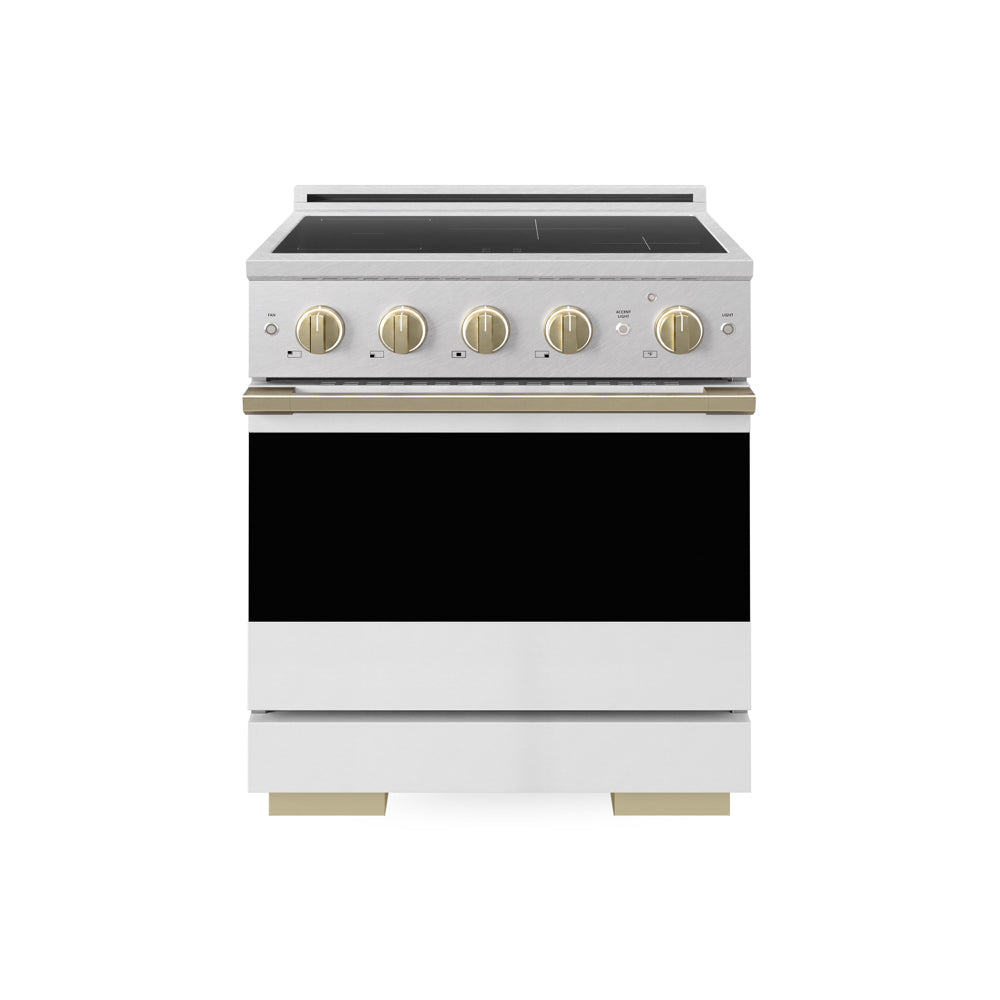 ZLINE Autograph Edition Marino 30-inch range in satin stainless steel with white matte door and champagne bronze accents MINRSZ-WM-30-CB