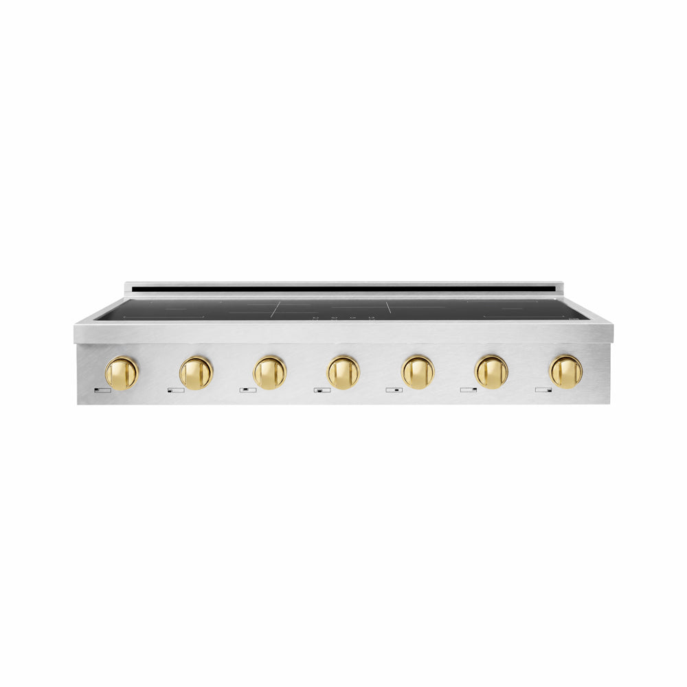 ZLINE Autograph Edition Paramount 48-inch rangetop in satin stainless steel and polished gold accents SINRTSZ-48-G