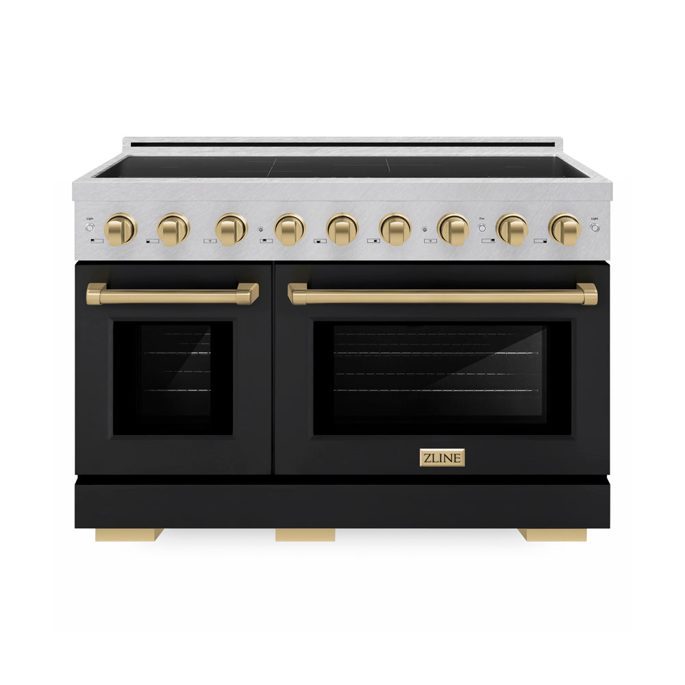 ZLINE Autograph Edition Paramount 48-inch range in satin stainless steel with black matte door and champagne bronze accents SINRSZ-BLM48-CB