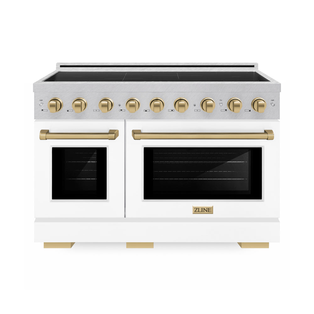 ZLINE Autograph Edition Paramount 48-inch range in satin stainless steel with white matte door and champagne bronze accents SINRSZ-WM-48-CB