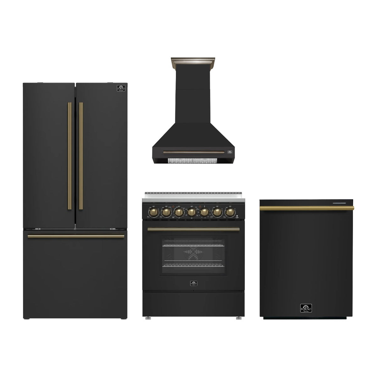 Forno Paolo 30 inch Kitchen Package in Black — Electric Range, Range Hood, Refrigerator & Dishwasher