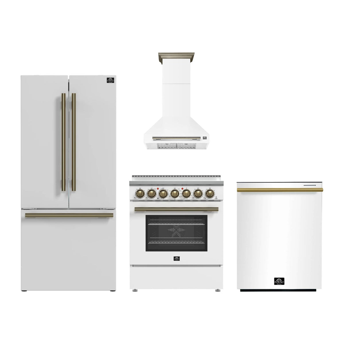 Forno Paolo 30 inch Kitchen Package in White — Electric Range, Range Hood, Refrigerator & Dishwasher