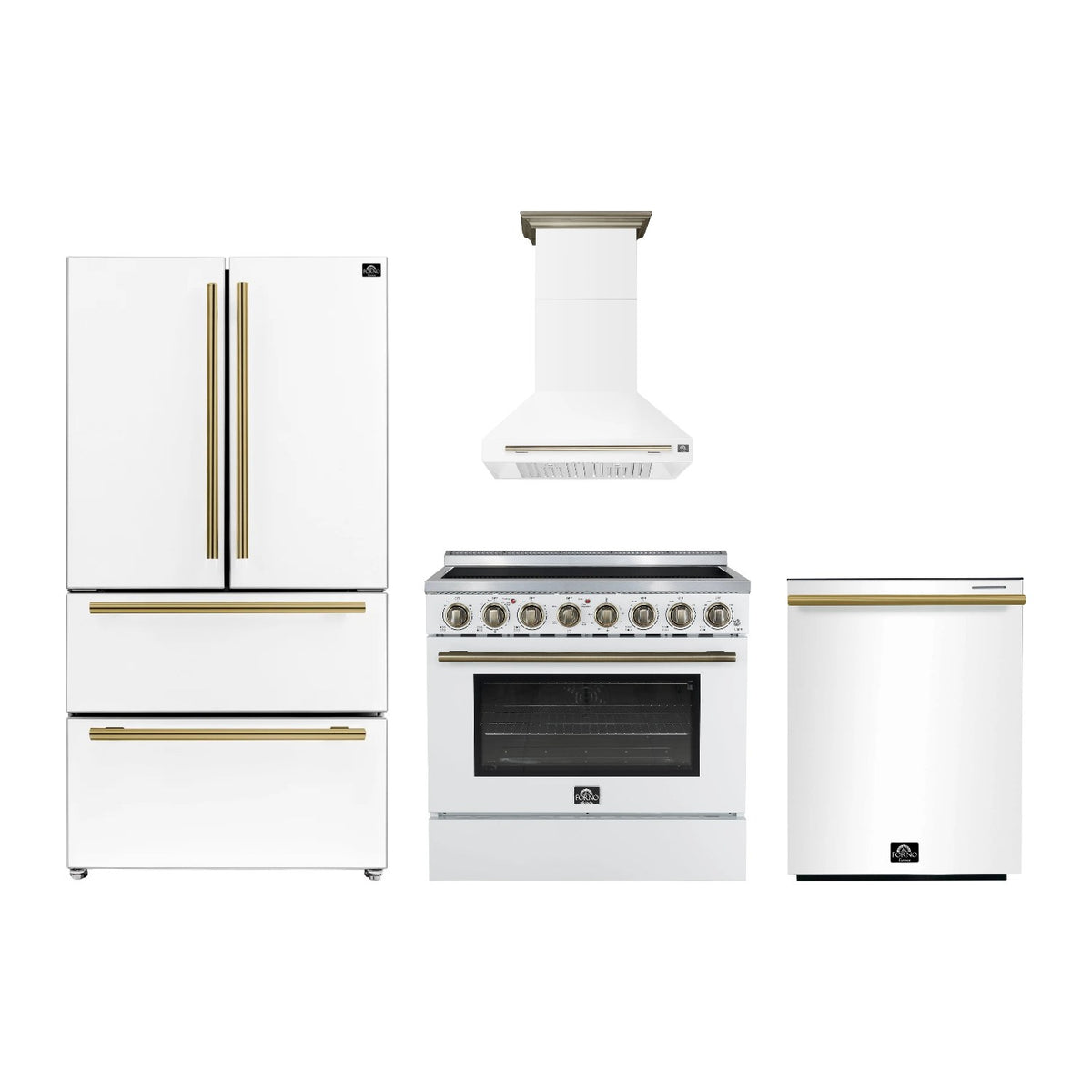 Forno Paolo 36 inch Kitchen Package in White — Electric Range, Range Hood, Refrigerator & Dishwasher