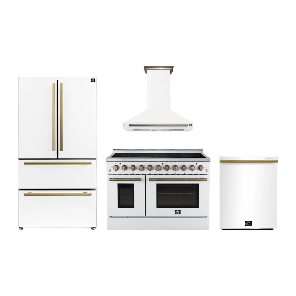 Forno Paolo 48 inch Kitchen Package in White — Electric Range, Range Hood, Refrigerator & Dishwasher