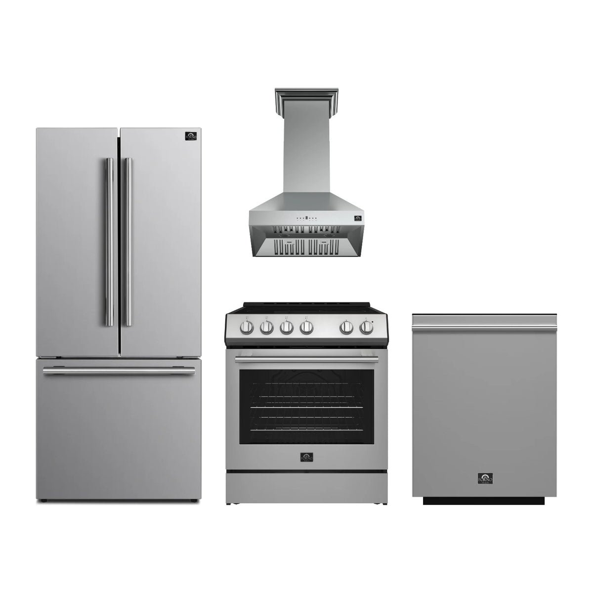 Forno Leonardo 30 inch Kitchen Package in Stainless Steel — Electric Range, Range Hood, Refrigerator & Dishwasher