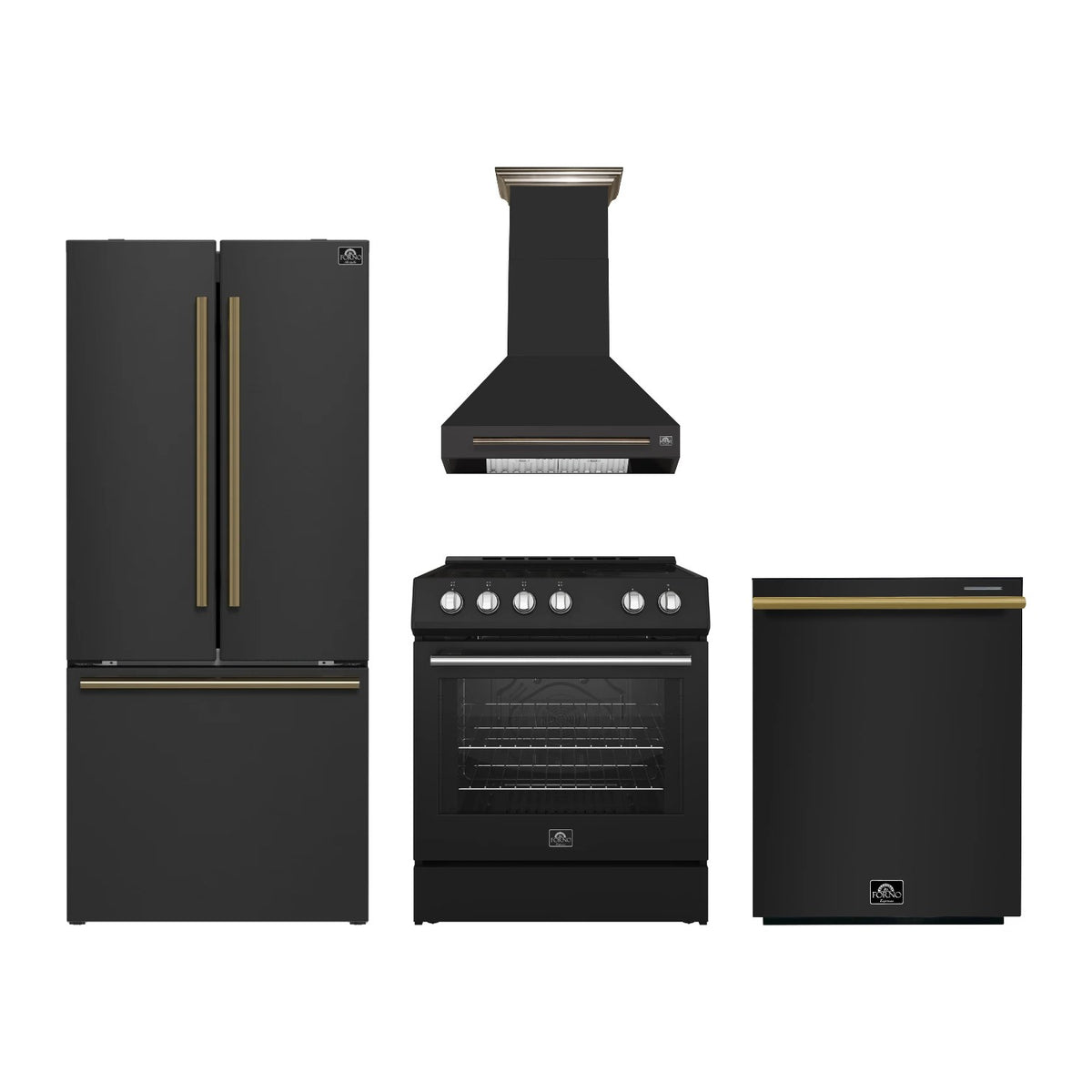 Forno Leonardo 30 inch Kitchen Package in Black — Electric Range, Range Hood, Refrigerator & Dishwasher