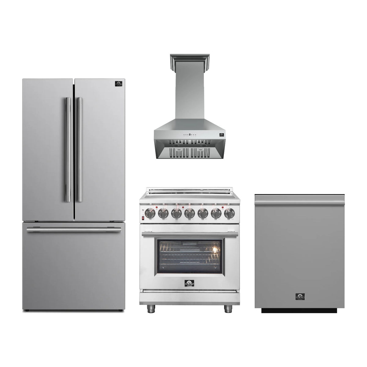 Forno Massimo 30 inch Kitchen Package in Stainless Steel — Electric Range, Range Hood, Refrigerator & Dishwasher