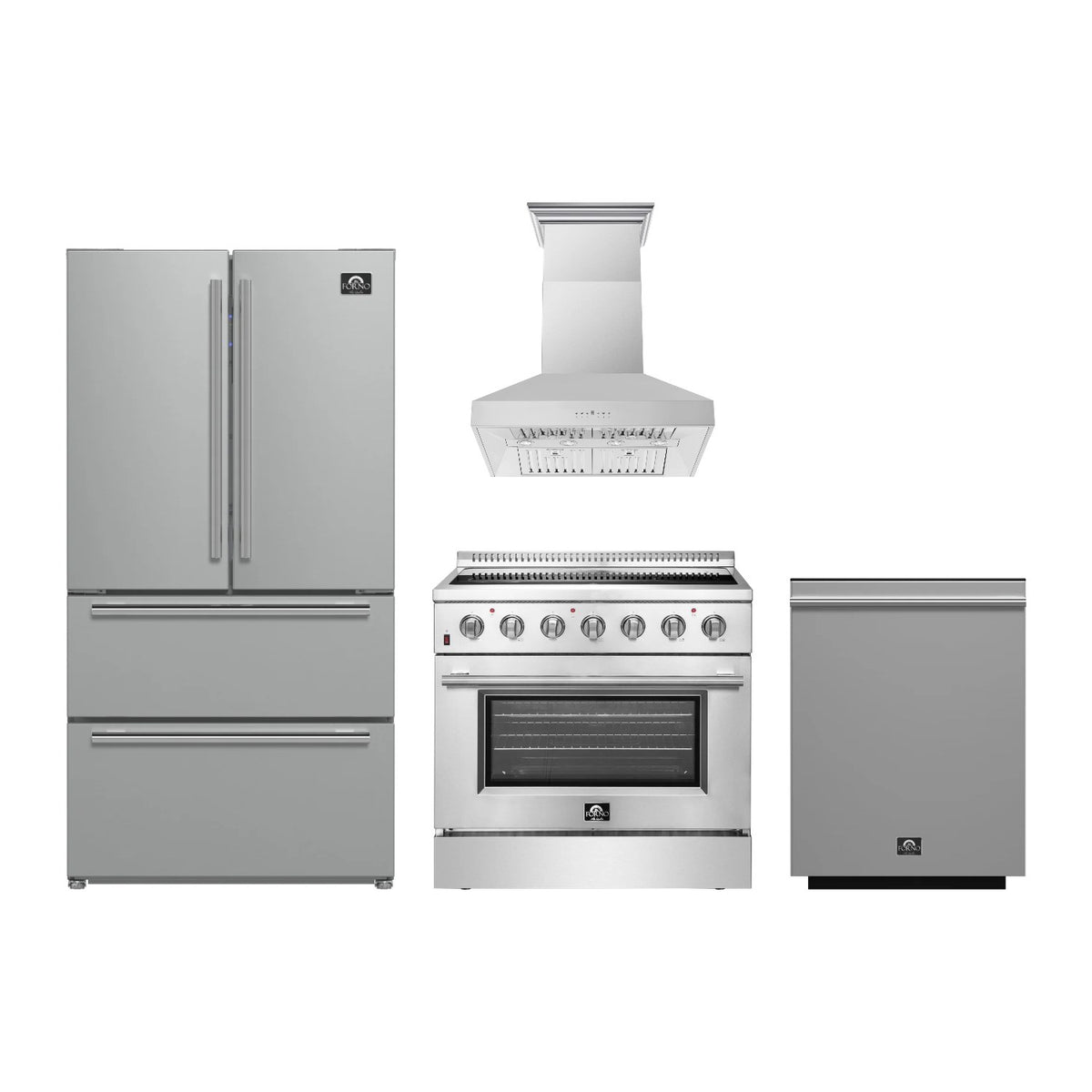 Forno Galiano 36 inch Kitchen Package in Stainless Steel — Electric Range, Range Hood, Refrigerator & Dishwasher