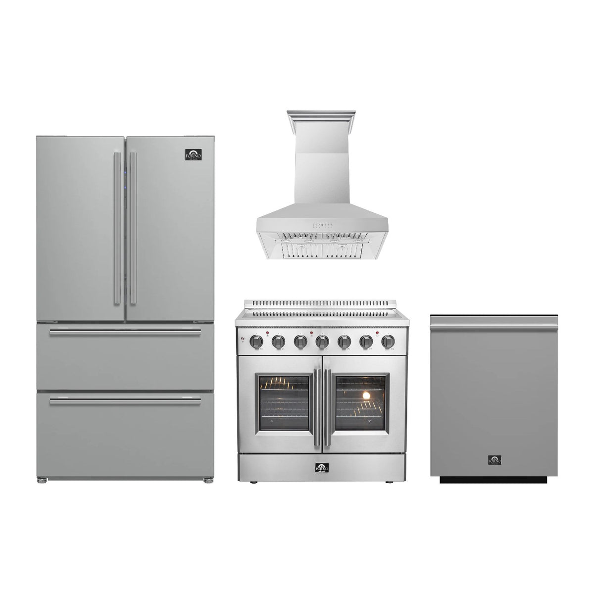 Forno Galiano 36 inch Kitchen Package in Stainless Steel — French Door Electric Range, Range Hood, Refrigerator & Dishwasher