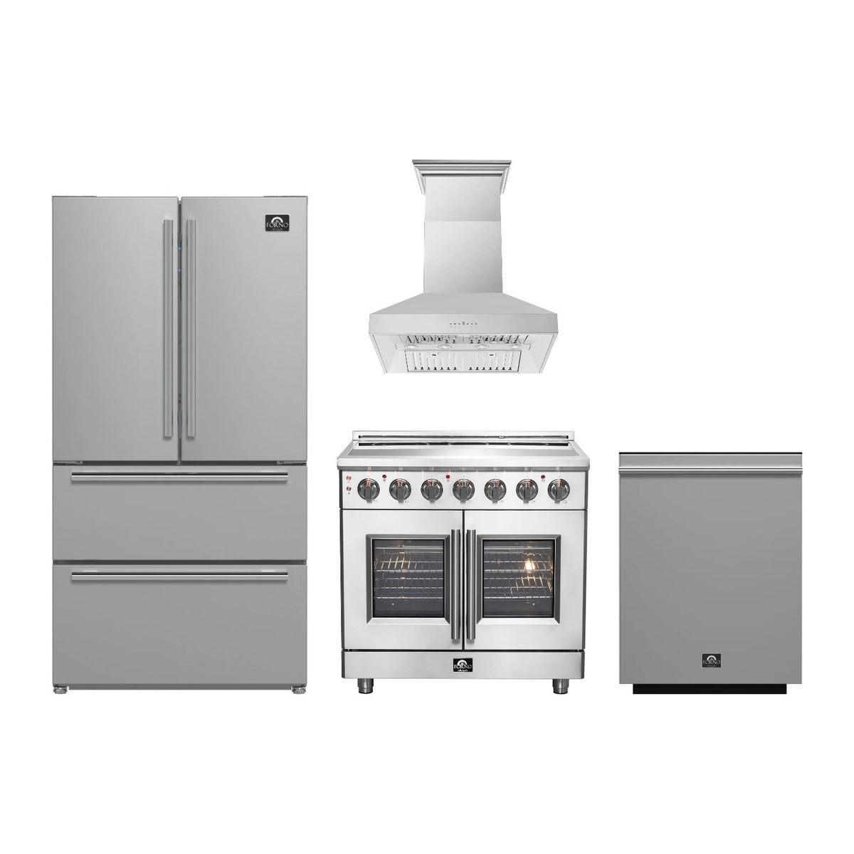 Forno Massimo 36 inch Kitchen Package in Stainless Steel — French Door Electric Range, Range Hood, Refrigerator & Dishwasher