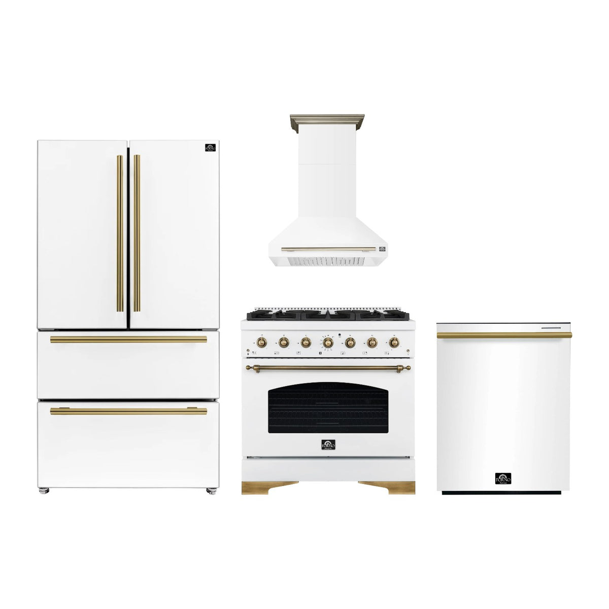 Forno Antico 36 inch Kitchen Package in White — Dual Fuel Range, Range Hood, Refrigerator & Dishwasher