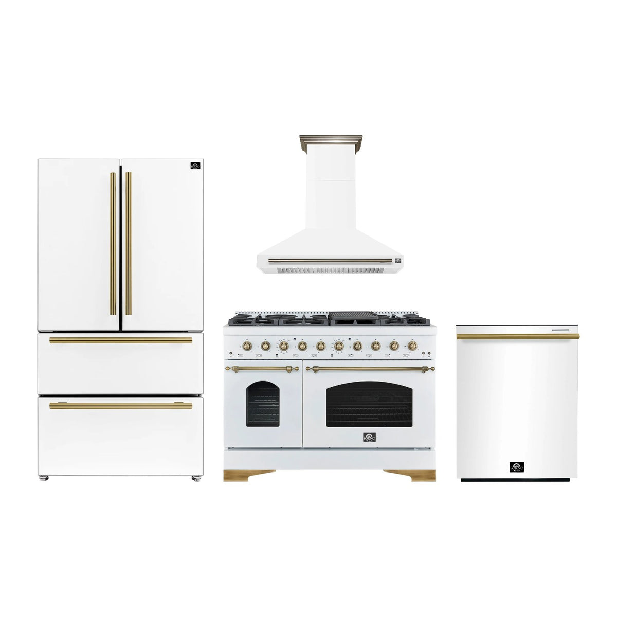 Forno Antico 48 inch Kitchen Package in White — Dual Fuel Range, Range Hood, Refrigerator & Dishwasher