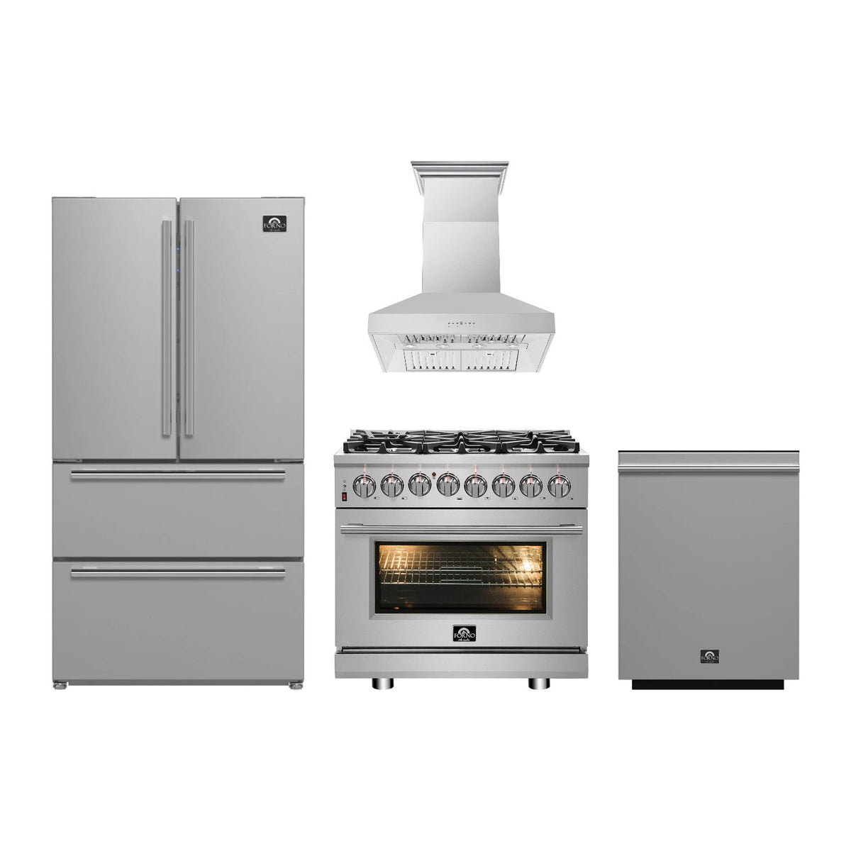 Forno Massimo 36 inch Kitchen Package in Stainless Steel — Dual Fuel Range, Range Hood, Refrigerator & Dishwasher