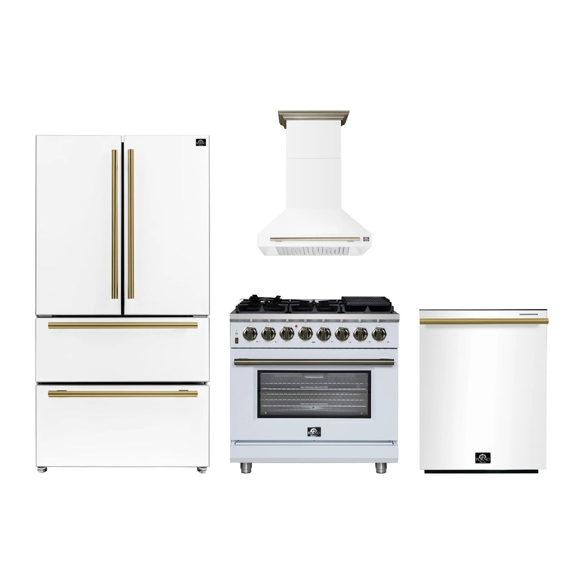 Forno Massimo 36 inch Kitchen Package in White — Dual Fuel Range, Range Hood, Refrigerator & Dishwasher