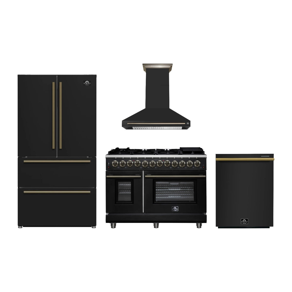 Forno Massimo 48 inch Kitchen Package in Black — Dual Fuel Range, Range Hood, Refrigerator & Dishwasher