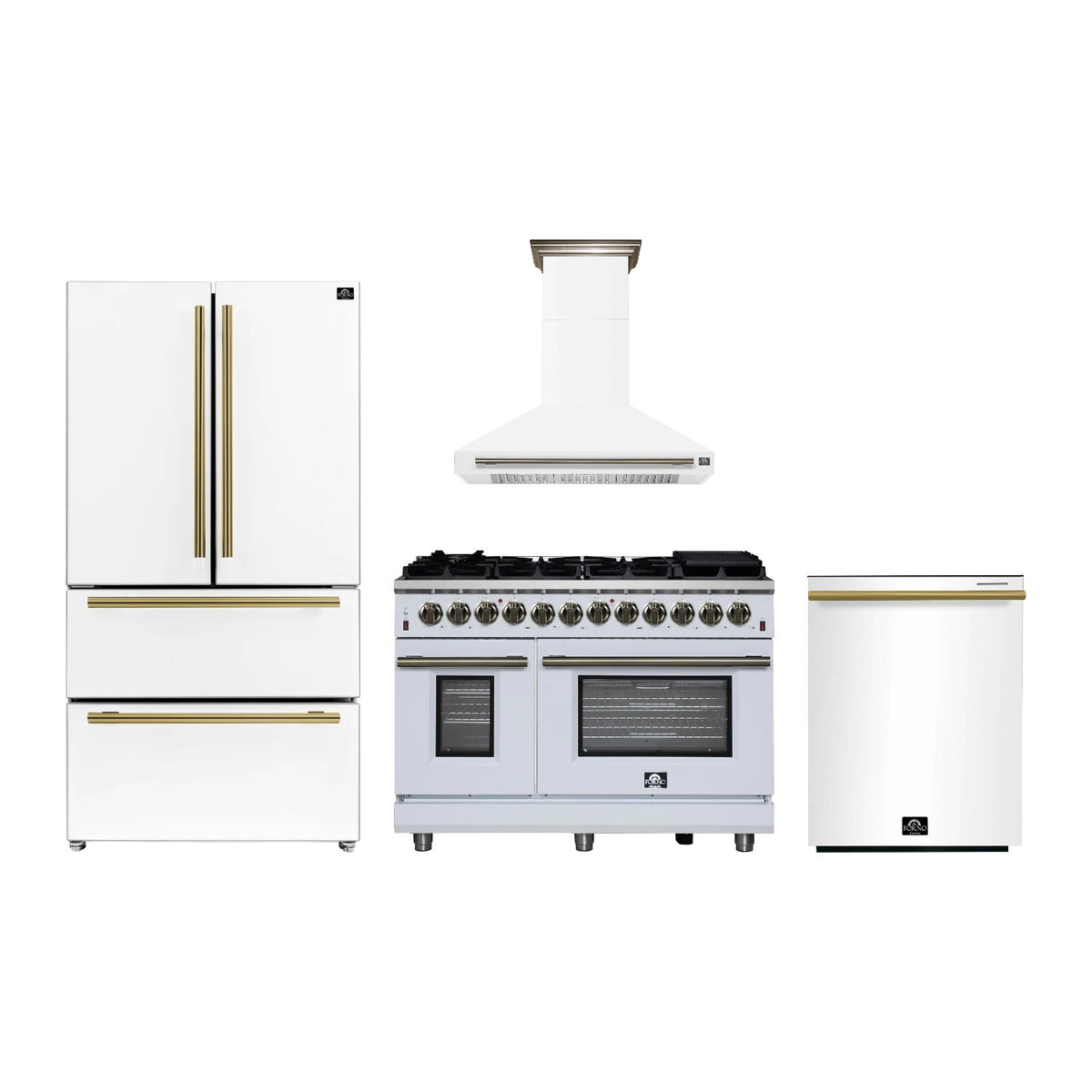 Forno Massimo 48 inch Kitchen Package in White — Dual Fuel Range, Range Hood, Refrigerator & Dishwasher