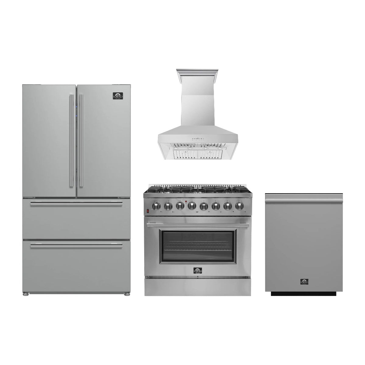 Forno Galiano 36 inch Kitchen Package in Stainless Steel — Dual Fuel Range, Range Hood, Refrigerator & Dishwasher